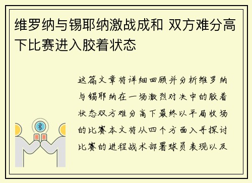 维罗纳与锡耶纳激战成和 双方难分高下比赛进入胶着状态