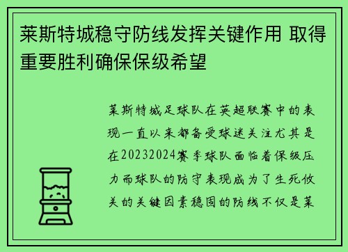莱斯特城稳守防线发挥关键作用 取得重要胜利确保保级希望