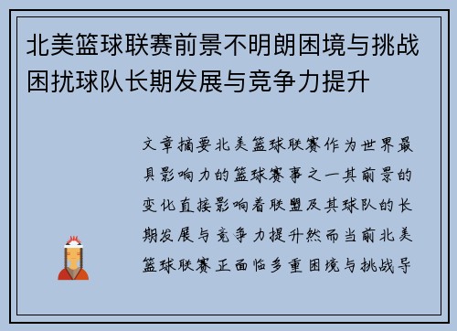 北美篮球联赛前景不明朗困境与挑战困扰球队长期发展与竞争力提升