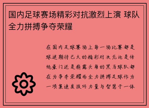 国内足球赛场精彩对抗激烈上演 球队全力拼搏争夺荣耀