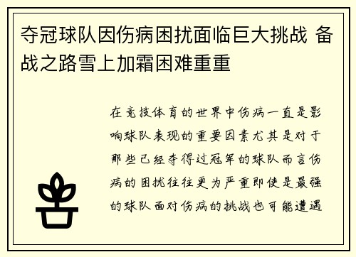 夺冠球队因伤病困扰面临巨大挑战 备战之路雪上加霜困难重重