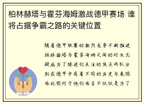 柏林赫塔与霍芬海姆激战德甲赛场 谁将占据争霸之路的关键位置