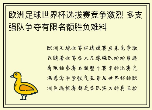 欧洲足球世界杯选拔赛竞争激烈 多支强队争夺有限名额胜负难料