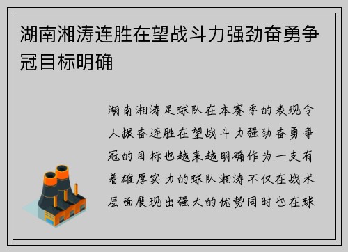 湖南湘涛连胜在望战斗力强劲奋勇争冠目标明确