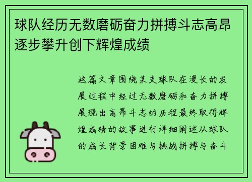 球队经历无数磨砺奋力拼搏斗志高昂逐步攀升创下辉煌成绩