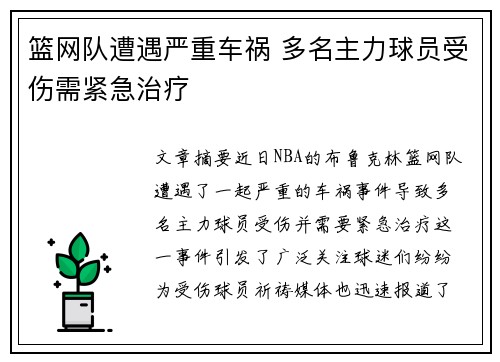 篮网队遭遇严重车祸 多名主力球员受伤需紧急治疗