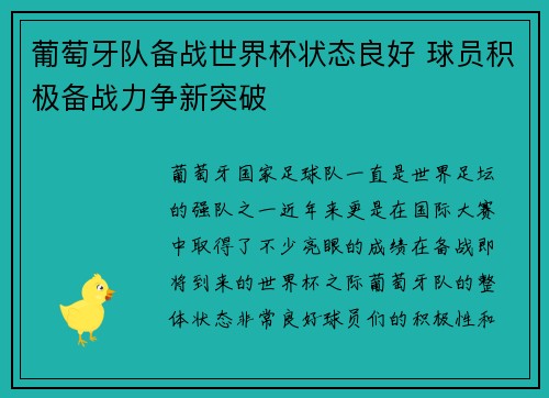 葡萄牙队备战世界杯状态良好 球员积极备战力争新突破