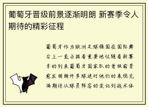 葡萄牙晋级前景逐渐明朗 新赛季令人期待的精彩征程