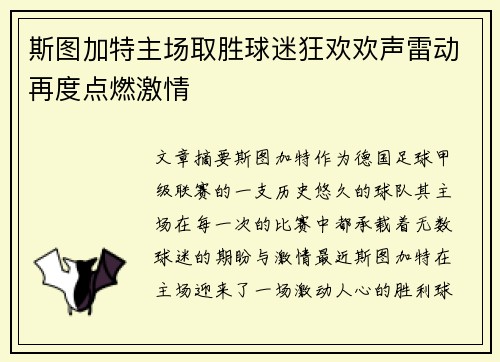 斯图加特主场取胜球迷狂欢欢声雷动再度点燃激情