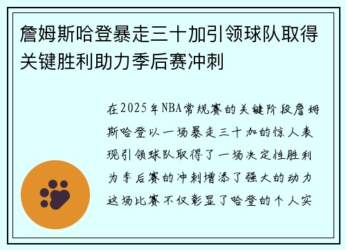 詹姆斯哈登暴走三十加引领球队取得关键胜利助力季后赛冲刺