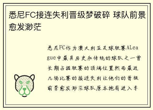 悉尼FC接连失利晋级梦破碎 球队前景愈发渺茫