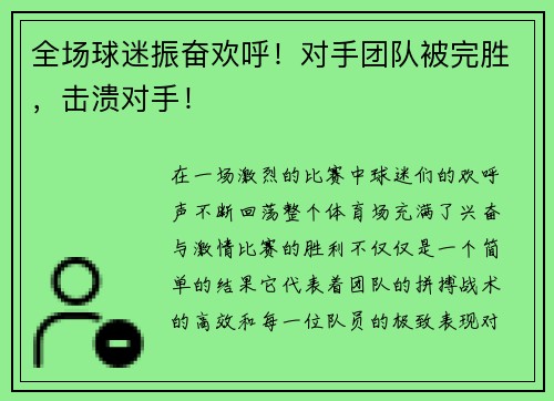 全场球迷振奋欢呼！对手团队被完胜，击溃对手！