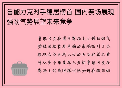 鲁能力克对手稳居榜首 国内赛场展现强劲气势展望未来竞争